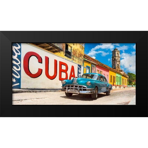 Vintage car and mural- Cuba Black Modern Wood Framed Art Print by Pangea Images