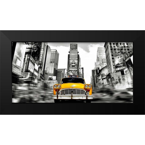 Vintage Taxi in Times Square, NYC Black Modern Wood Framed Art Print by Lauren