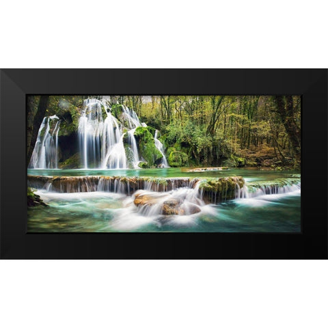 Waterfall in a forest Black Modern Wood Framed Art Print by Pangea Images