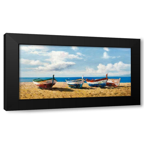 Boats on the Beach Black Modern Wood Framed Art Print with Double Matting by Benson, Pierre