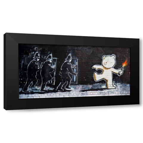 Stokes Croft Road, Bristol (graffiti attributed to Banksy) Black Modern Wood Framed Art Print by Anonymous (attributed to Banksy)