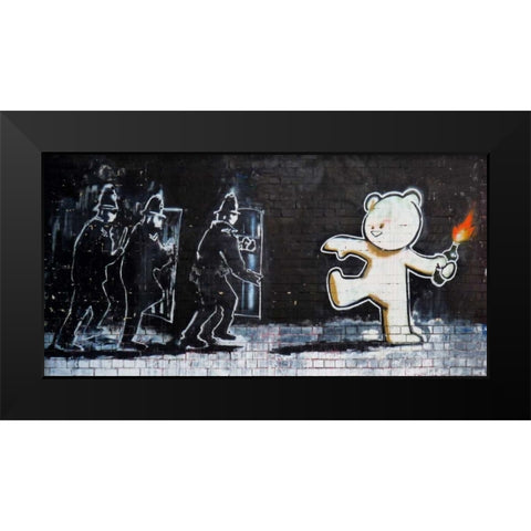 Stokes Croft Road, Bristol (graffiti attributed to Banksy) Black Modern Wood Framed Art Print by Anonymous (attributed to Banksy)