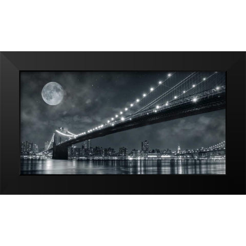 Brooklyn Bridge at Night - New York Black Modern Wood Framed Art Print by Lacis, Janis