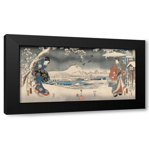 Snowy landscape with a woman and a man 1853 Black Modern Wood Framed Art Print by Hiroshige, Ando