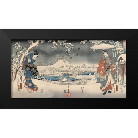 Snowy landscape with a woman and a man 1853 Black Modern Wood Framed Art Print by Hiroshige, Ando