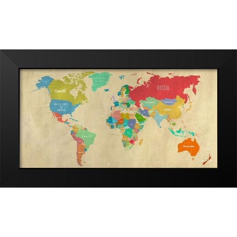 Modern Map of the World  - detail Black Modern Wood Framed Art Print by Joannoo