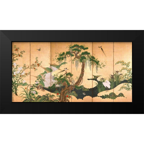 Birds and Flowers of Spring and Summer Black Modern Wood Framed Art Print by Eino, Kano