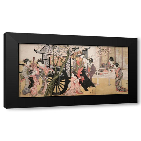 Courtesans admiring cherry blossoms Black Modern Wood Framed Art Print by Kitagawa, Utamaro