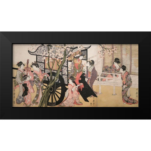 Courtesans admiring cherry blossoms Black Modern Wood Framed Art Print by Kitagawa, Utamaro