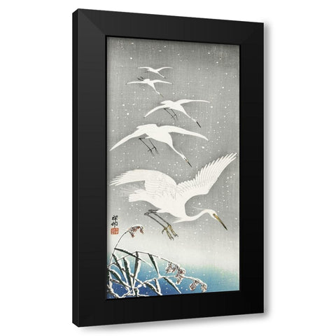 Descending egrets in snow Black Modern Wood Framed Art Print by Koson, Ohara