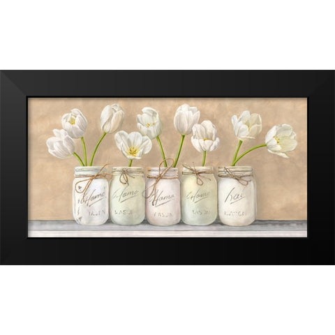 White Tulips in Mason Jars Black Modern Wood Framed Art Print by Jenny, Thomlinson