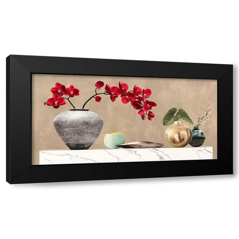 Red Orchids on White Marble Black Modern Wood Framed Art Print with Double Matting by Thomlinson, Jenny