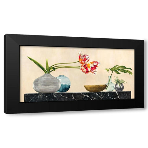 Floral Setting on Black Marble Black Modern Wood Framed Art Print by Thomlinson, Jenny