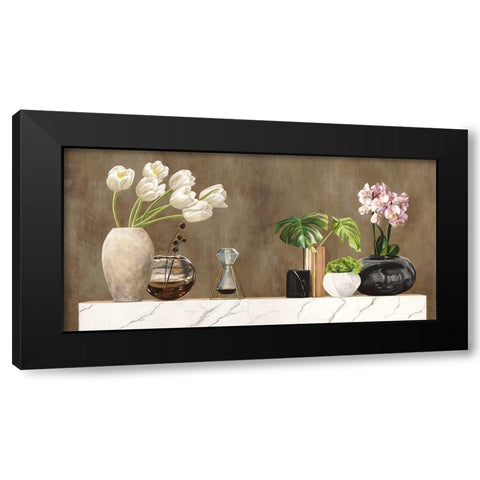 Floral Setting on White Marble Black Modern Wood Framed Art Print by Thomlinson, Jenny