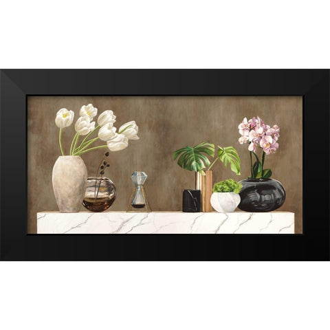 Floral Setting on White Marble Black Modern Wood Framed Art Print by Thomlinson, Jenny