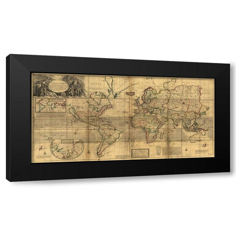 A New and Correct Map of the Whole World 1719 Black Modern Wood Framed Art Print with Double Matting by Moll, Herman