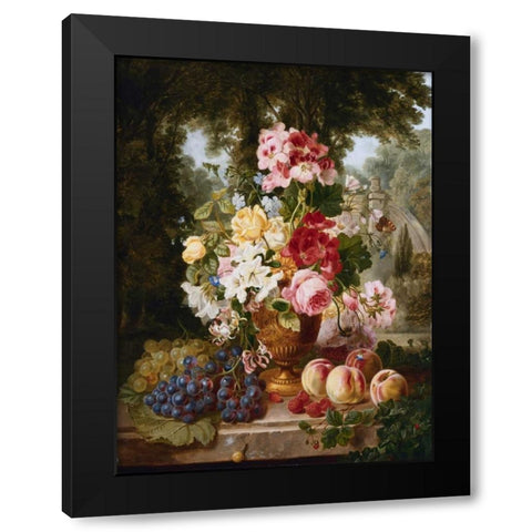 A Vase of Summer Flowers and Fruit Black Modern Wood Framed Art Print with Double Matting by Wainwright, William John