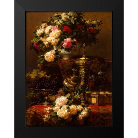 Flowers and fruit Black Modern Wood Framed Art Print by Robie, Jean-Baptiste