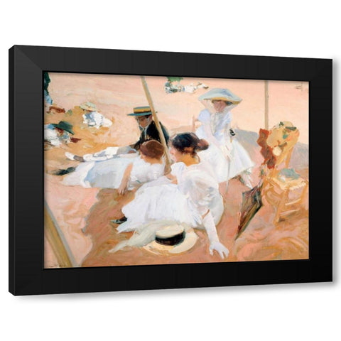 Under the awning, on the Beach at Zarauz Black Modern Wood Framed Art Print by Sorolla y Bastida, Joaquin
