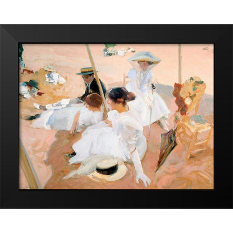 Under the awning, on the Beach at Zarauz Black Modern Wood Framed Art Print by Sorolla y Bastida, Joaquin