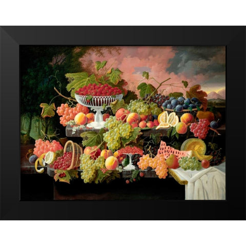 Two-Tiered Still Life with Fruit and Sunset Landscape Black Modern Wood Framed Art Print by Roesen, Severin