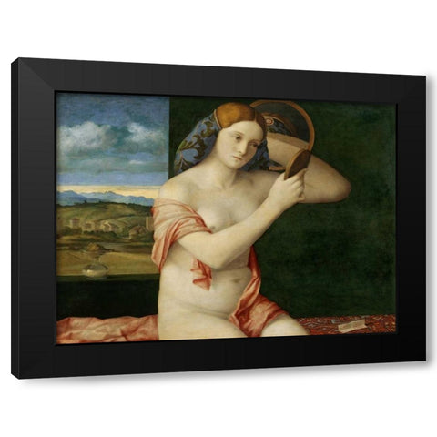 Giovane donna allo specchio Black Modern Wood Framed Art Print by Bellini, Giovanni