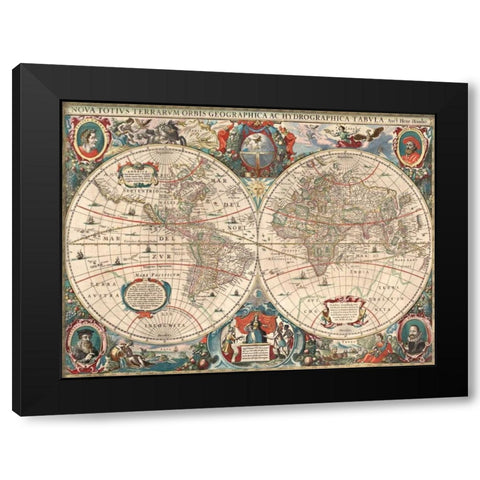 Nova totius Terrarum Orbis geographica ac hydrographica tabula Black Modern Wood Framed Art Print with Double Matting by Hondius, Hendrik