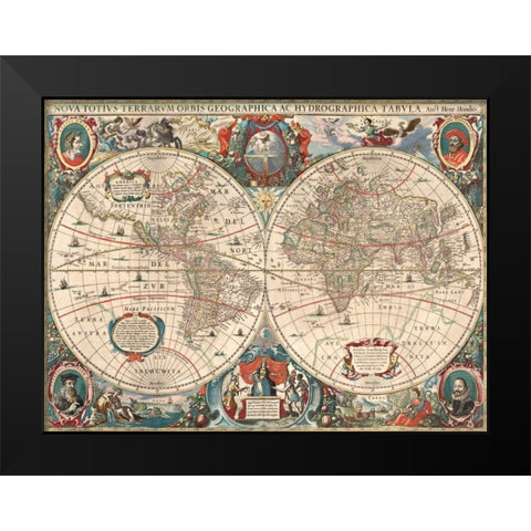 Nova totius Terrarum Orbis geographica ac hydrographica tabula Black Modern Wood Framed Art Print by Hondius, Hendrik