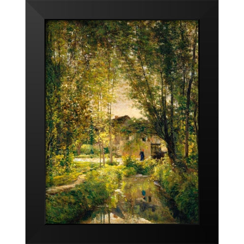 Landscape with a Sunlit Stream  Black Modern Wood Framed Art Print by Daubigny, Charles-Francois