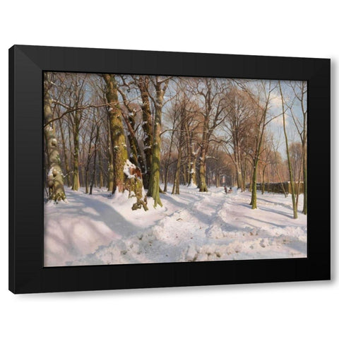 Snowy forest road in sunlight Black Modern Wood Framed Art Print by Monsted, Peder