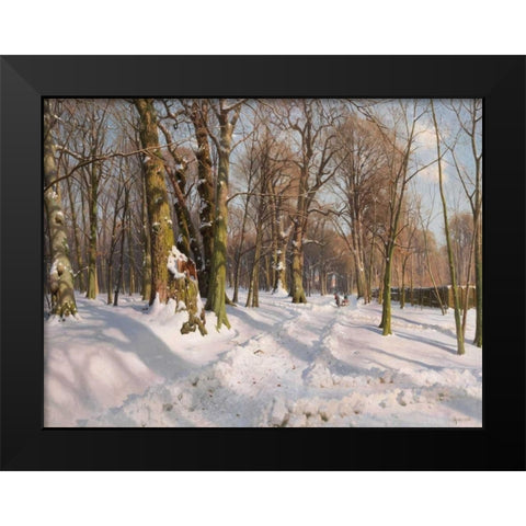 Snowy forest road in sunlight Black Modern Wood Framed Art Print by Monsted, Peder
