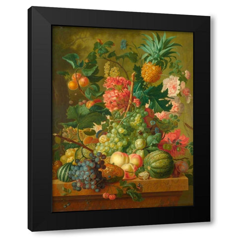 Fruit and Flowers Black Modern Wood Framed Art Print by van Brussel, Paulus Theodorus