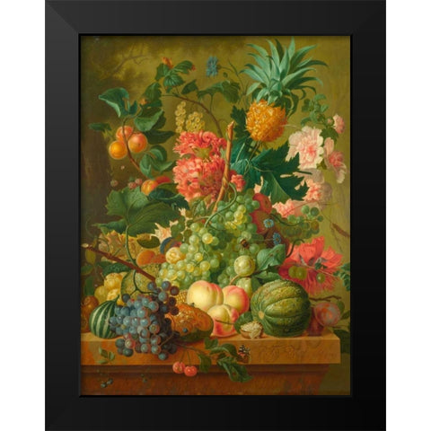Fruit and Flowers Black Modern Wood Framed Art Print by van Brussel, Paulus Theodorus