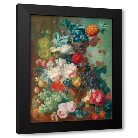 Fruit and Flowers in a terracotta Vase Black Modern Wood Framed Art Print by Van Os, Jan