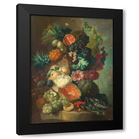 Fruit, flowers and a fish Black Modern Wood Framed Art Print by Van Os, Jan