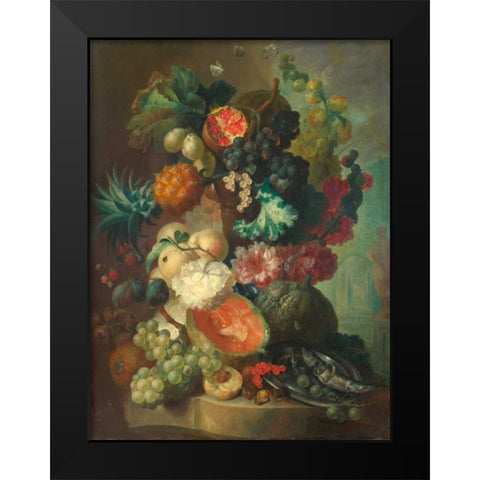 Fruit, flowers and a fish Black Modern Wood Framed Art Print by Van Os, Jan