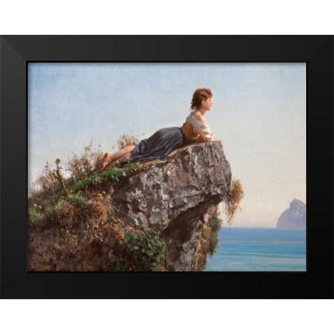 La fanciulla sulla roccia a Sorrento Black Modern Wood Framed Art Print by Palizzi, Filippo