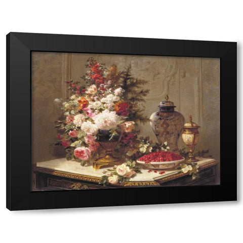 Floral composition on a table (detail) Black Modern Wood Framed Art Print by Robie, Jean-Baptiste