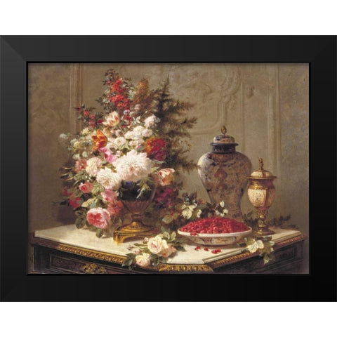 Floral composition on a table (detail) Black Modern Wood Framed Art Print by Robie, Jean-Baptiste