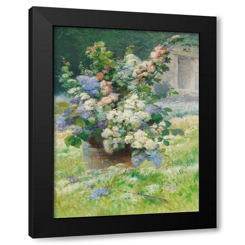 Fliederzweige und Stockrosen Black Modern Wood Framed Art Print by Cauchois, Eugene Henri