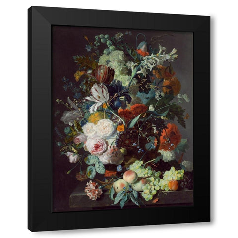 Still Life with Flowers and Fruit Black Modern Wood Framed Art Print with Double Matting by Jan, van Huysum