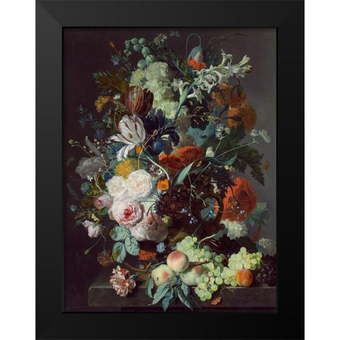Still Life with Flowers and Fruit Black Modern Wood Framed Art Print by Jan, van Huysum