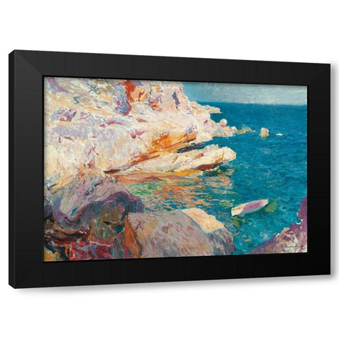 Rock at Javea and the White Boat  Black Modern Wood Framed Art Print with Double Matting by Bastida, Joaquin Sorolla y