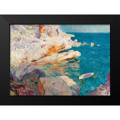 Rock at Javea and the White Boat  Black Modern Wood Framed Art Print by Bastida, Joaquin Sorolla y