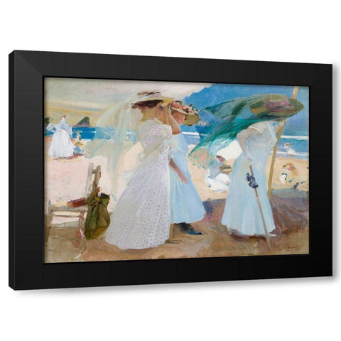 Under the Awning- Zarauz Black Modern Wood Framed Art Print with Double Matting by Bastida, Joaquin Sorolla y
