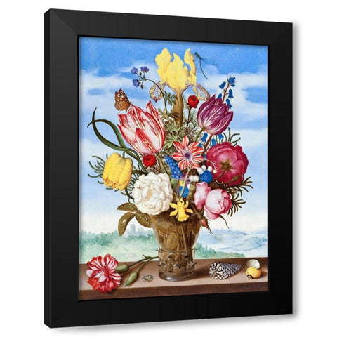 Bouquet of Flowers on a Ledge Black Modern Wood Framed Art Print with Double Matting by Bosschaert, Ambrosius the Elder