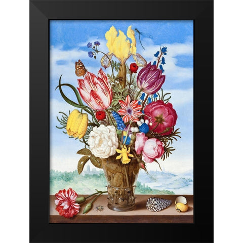 Bouquet of Flowers on a Ledge Black Modern Wood Framed Art Print by Bosschaert, Ambrosius the Elder