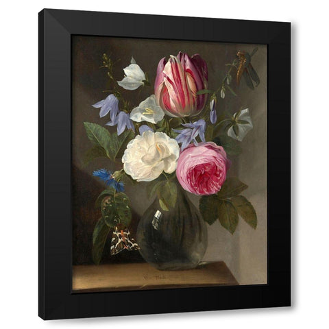 Roses and a Tulip in a Glass Vase Black Modern Wood Framed Art Print by van Thielen, Jan Philips