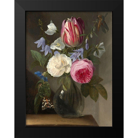 Roses and a Tulip in a Glass Vase Black Modern Wood Framed Art Print by van Thielen, Jan Philips