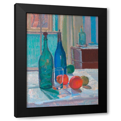 Blue and Green Bottles and Oranges Black Modern Wood Framed Art Print by Gore, Spencer Frederick